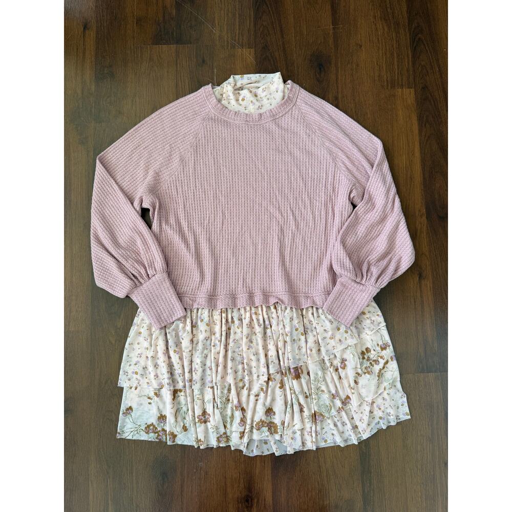Free People Opposite Attraction Waffle Thermal Ruffle Mini Dress Pink Sz M Boho - Picture 7 of 9
